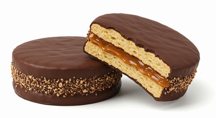 Dark chocolate alfajores with dulce de leche filling on a white background.