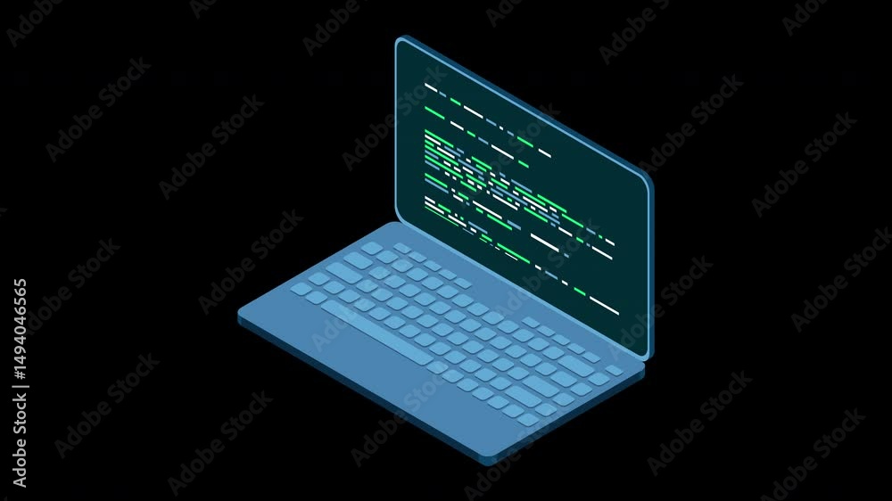 Poster Isometric laptop animation. 3d isometric laptop computer. Abstract programming language and program code on a laptop screen. Transparent background with alpha channel