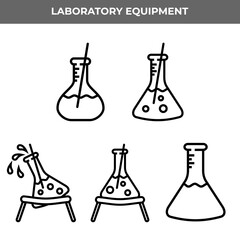 Collection of outline-style icons showing laboratory flasks with liquid, bubbles, stirring rods, and stands. Ideal for educational, scientific, or chemistry-themed projects.