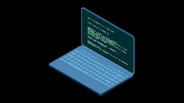 Isometric laptop animation. 3d isometric laptop computer. Abstract programming language and program code on a laptop screen. Transparent background with alpha channel