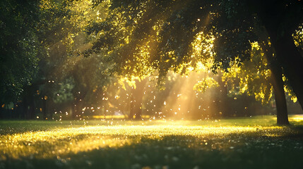 Obraz premium Golden sunlight filtering through a park's trees.