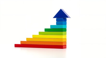 Colorful wooden blocks stacked in ascending order forming an upward arrow, symbolizing growth, progress, and energy efficiency on a white background.