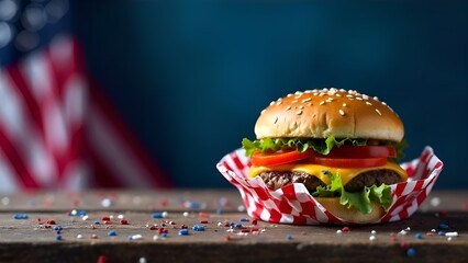 juicy cheeseburger with blurred American flag background on a rustic table. Ideal for fast food ads, takeout, or celebrating U.S. Independence Day and Flag Day with American pride.