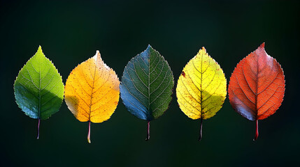 Obraz premium Five autumn leaves display vibrant colors against a dark backdrop.