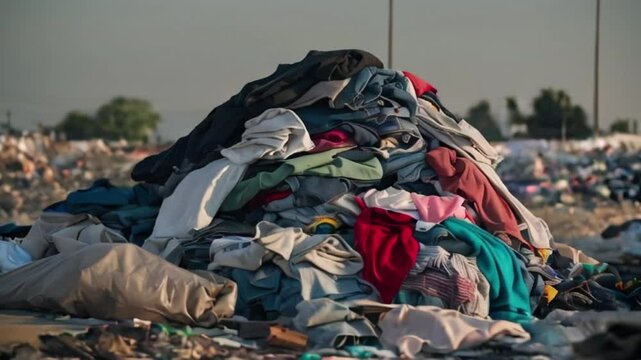 A pile of old clothes in a landfill, fast fashion Garments factory waste, dumping sites, waste clothes Concept, Garment Wastes, Textile Garbage, created with generative ai	
