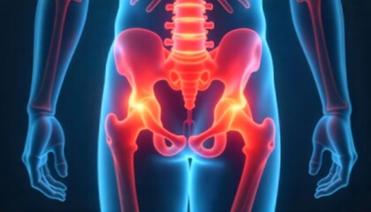 Anatomical 3D illustration hip joint, inflammation pain. Medical visualization for healthcare purposes. Orthopedic implant model skeletal structure, body treatment, injury, created with generative ai