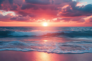 Vibrant sunset over a tranquil ocean shore.