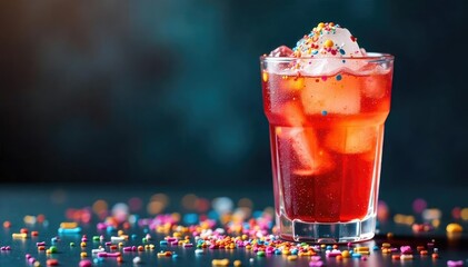 Festive confetti-filled drink in a clear glass, colorful sprinkles and ice , confetti sprinkles, sprinkles, vibrant