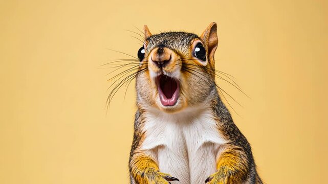 Excited squirrel with mouth open against a yellow background.