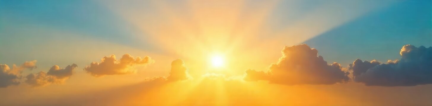 Golden sun rays burst through a vibrant, clear sky, illuminating the atmosphere with warmth and light Perfect for summer, nature, and energy themes , sunshine, breathtaking, awesome