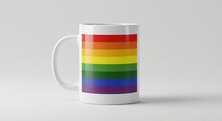 White ceramic coffee mug featuring a vibrant rainbow pride flag design, symbolizing LGBTQ+ support and inclusivity, isolated on a plain background.