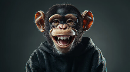Smiling chimpanzee wearing hoodie showing teeth on dark background