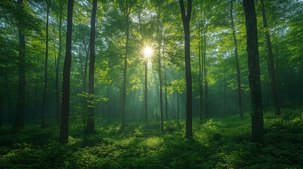 Obraz premium Lush green forest floor bathed in morning sunbeams.