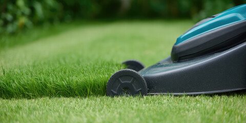 A lawnmower is cutting grass in a close-up shot. Lawn care, gardening, outdoor maintenance