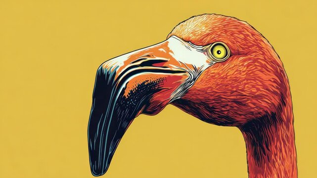 Flamingo head illustration against a bright yellow background.