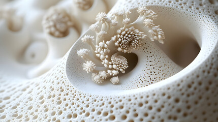 Intricate, detailed, organic forms in a textured, white surface.