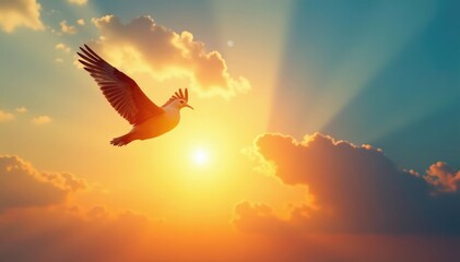 Naklejka premium Silhouette of a bird in flight against a bright, expansive sky, symbolizing freedom , unbound, wind