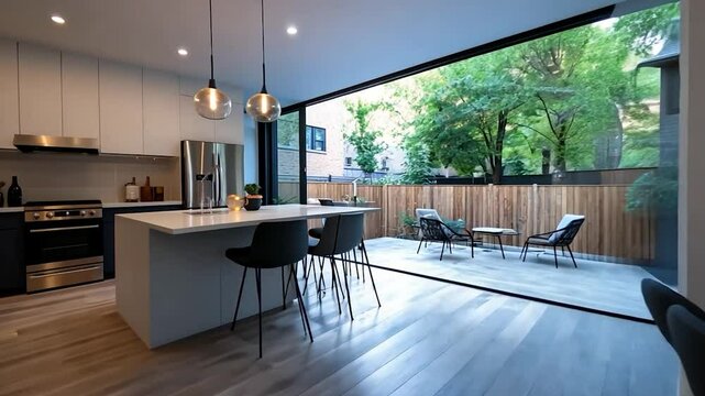 Modern kitchen with white and black cabinets a large island with bar stools and an open view to a backyard patio. Green trees surround the open space.