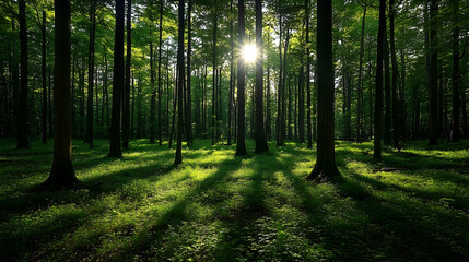 Fototapeta premium Sunlight filtering through a dense forest canopy.