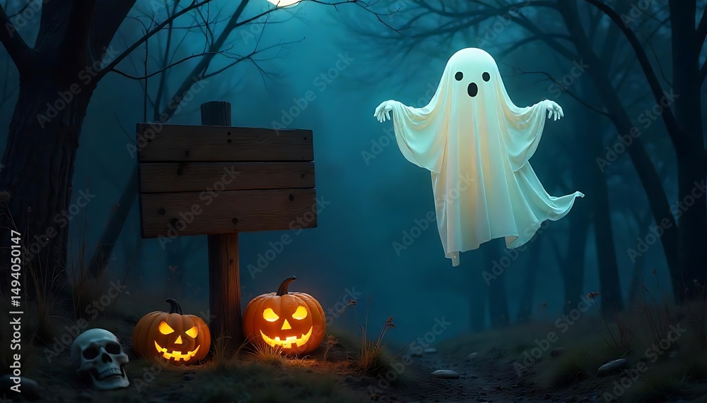 Fototapete a glowing white ghost floating above a wooden sign in a spooky night scene, with a carved jack-o-lan