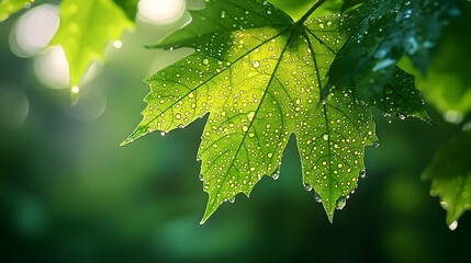 Vibrant green leaf covered in water droplets, bathed in sunlight.