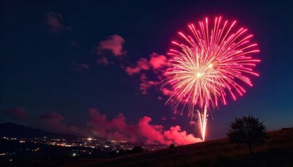 Vibrant firework bursts ignite the night sky with fiery trails and dazzling sparks , colorful, intense