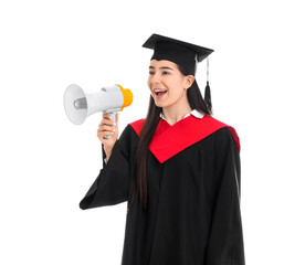 Female graduate shouting into megaphone on white background
