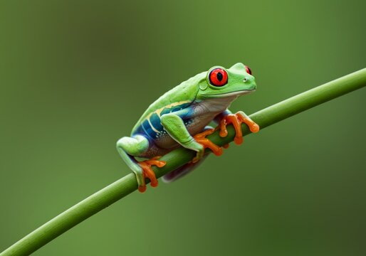 Crimsoneyed tree frog clings to green stalk