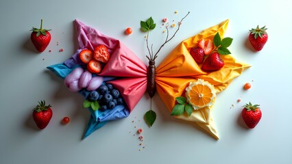 A colorful butterfly created with folded napkins, fruits, and berries, artistically arranged on a white background.
