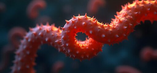 Spirillum with textured surface glowing orange, detailed bacterial morphology, microscopic 3D scientific illustration.