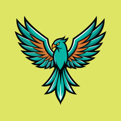 Stylized Teal Bird Logo with Wings Spread on a Yellow Background