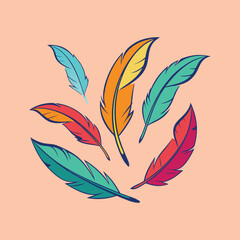 A whimsical arrangement of vibrantly colored feathers against a light peach background