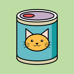 Cartoon Cat Food Can on Green Background Illustration with Simple Design