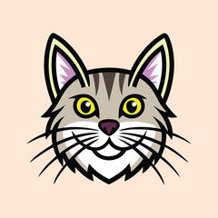 Stylized Tabby Cat Cartoon Mascot Head with Yellow Eyes and Whiskers
