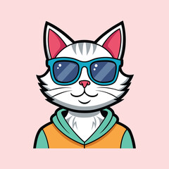 Stylized Cartoon Cat with Sunglasses and Hoodie on a Pink Background