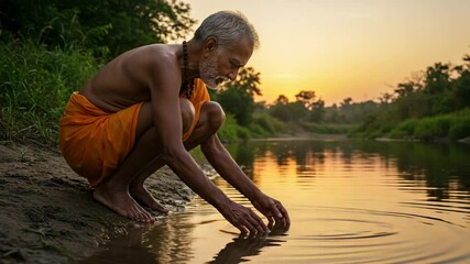 Indian elderly man collecting water while squatting by the river at sunset   - Powered by Adobe