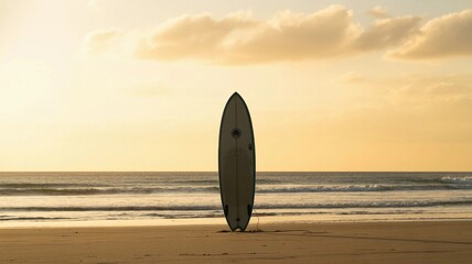 Surfboard Stuck Upright in Sand During Sunset