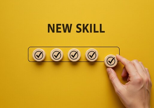 Learning New Skill Progress Concept. Places wooden checkmark into progress tracker under text New Skill, representing skill development, progress, personal or professional growth, upskilling, Reskill,