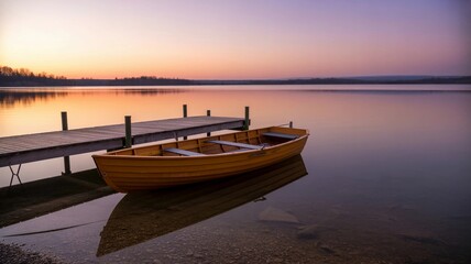 Rowboat Tied to Dock with Sunset Reflections