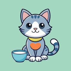 A cute cartoon cat with an orange heart, about to drink milk