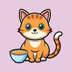 Adorable cartoon ginger cat sitting next to a bowl of food or water
