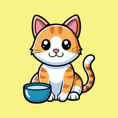 Adorable Cartoon Cat with Big Eyes Drinks from a Bowl on Yellow Background