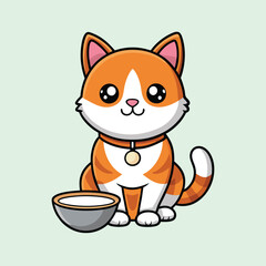 Adorable Orange and White Cartoon Cat with Bowl of Milk Illustration