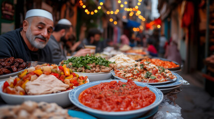 At dusk, a lively street food market showcases a variety of vibrant dishes. Local vendors serve delicious meals, creating a warm, inviting atmosphere for visitors