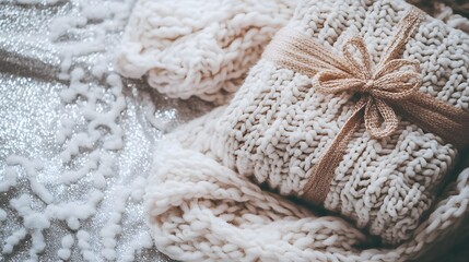 Cozy Knitted Gift Wrapped in Beige Yarn on Silver Background