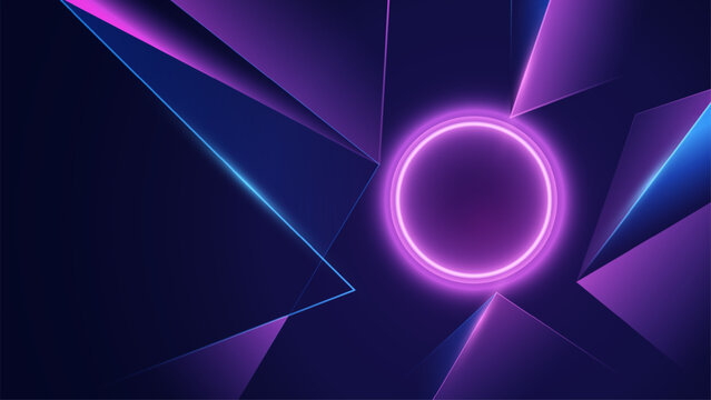Abstract neon circle tehcnology background with pink blue polygon and diagonal stripe on dark background for Landing Pade Web Design