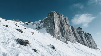 Fototapeta premium Snowy mountain peak rising against a clear sky.