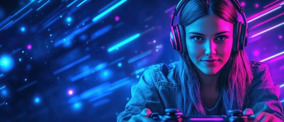 Young woman gaming with headset in vibrant neon lights
