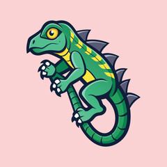 Cartoon Iguana with Green Scales Climbing a Tree Branch Vector Image