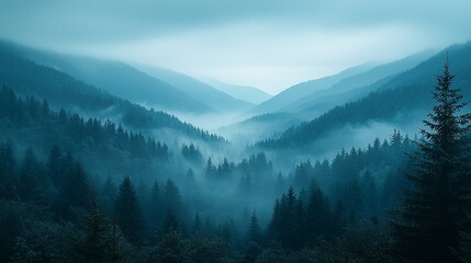 Misty mountain valley shrouded in a tranquil blue haze